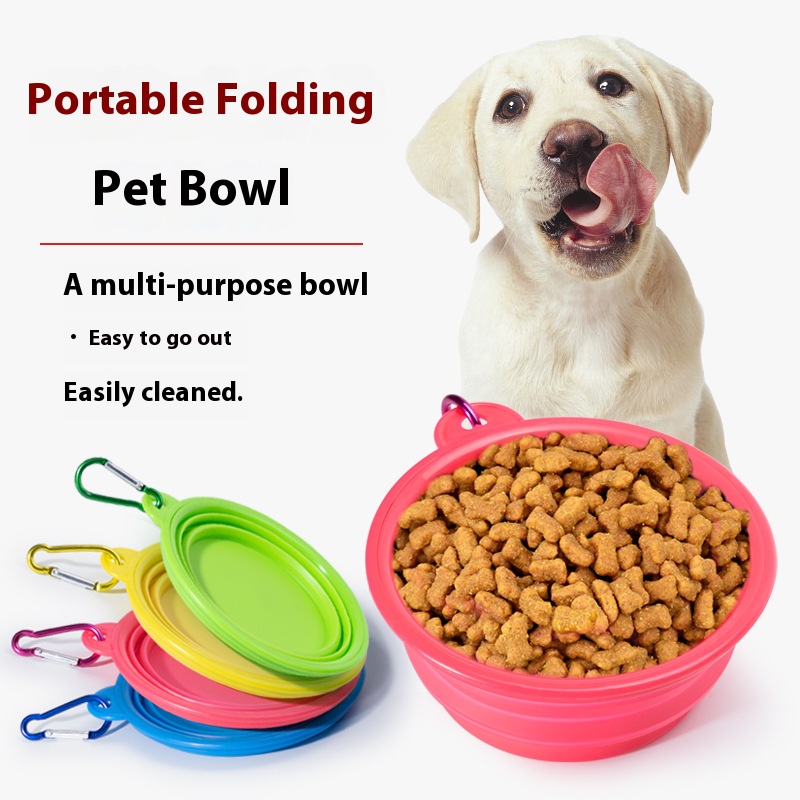 Pet cat and dog special silicone case folding bowl multi-color portable with hook pet tableware water feeding