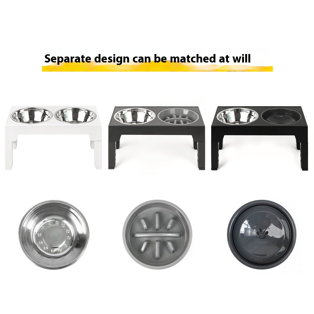 Pet feeder slow feeding bowl lifting dog bowl neck protection anti-tumble stainless steel bowl for pet elevated double bowl two-in-one