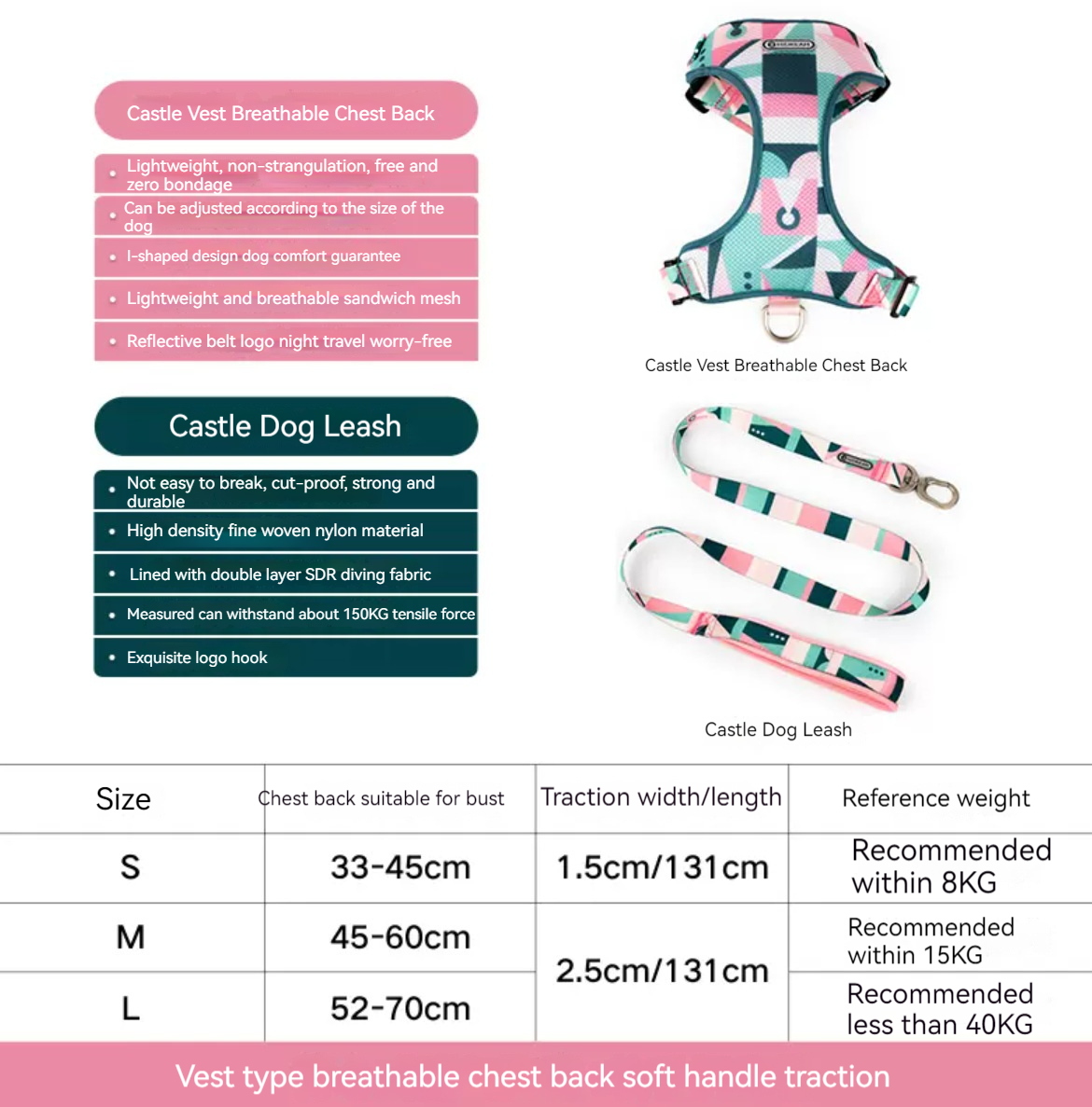 Castle vest dog hand holding rope small dog chest strap anti breaking loose puppy dog leash