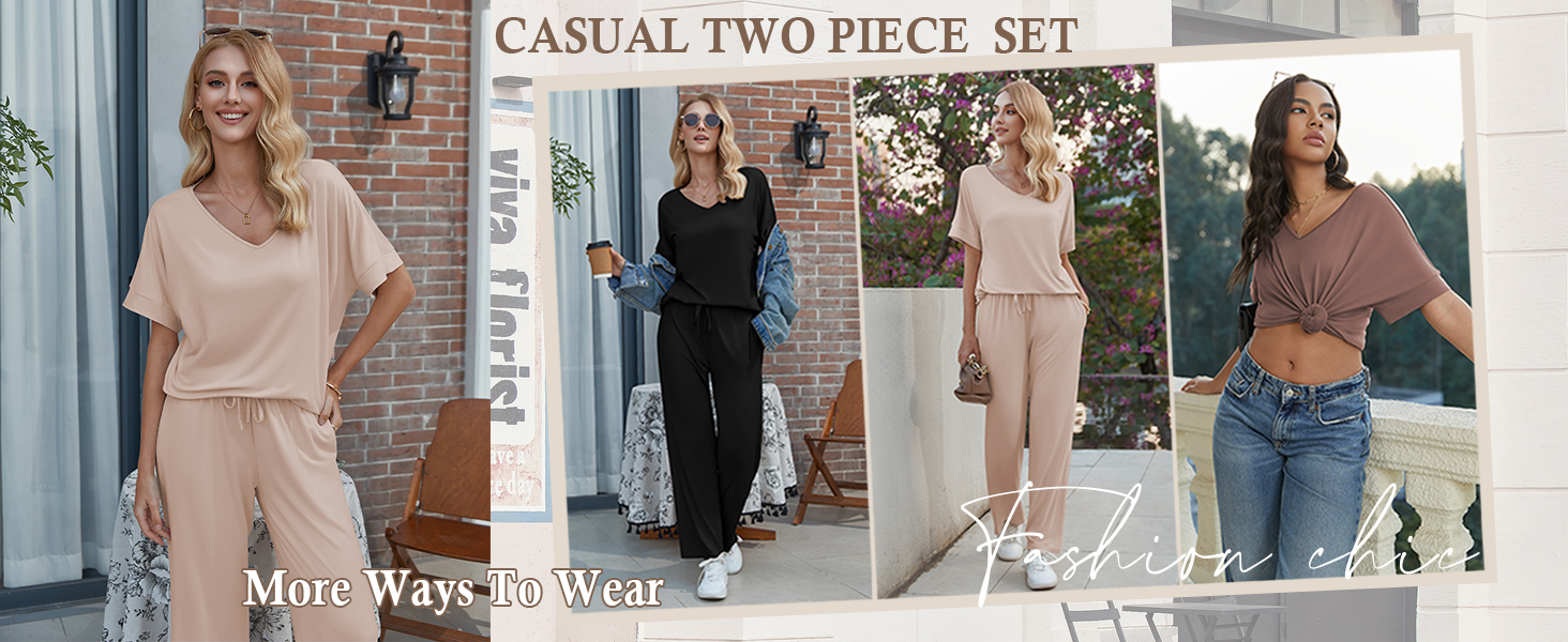 Ekouaer Pajama Sets Women 2 Piece Lounge Set Short Sleeve Tops and Long Pants Comfy Pjs Outfits Set