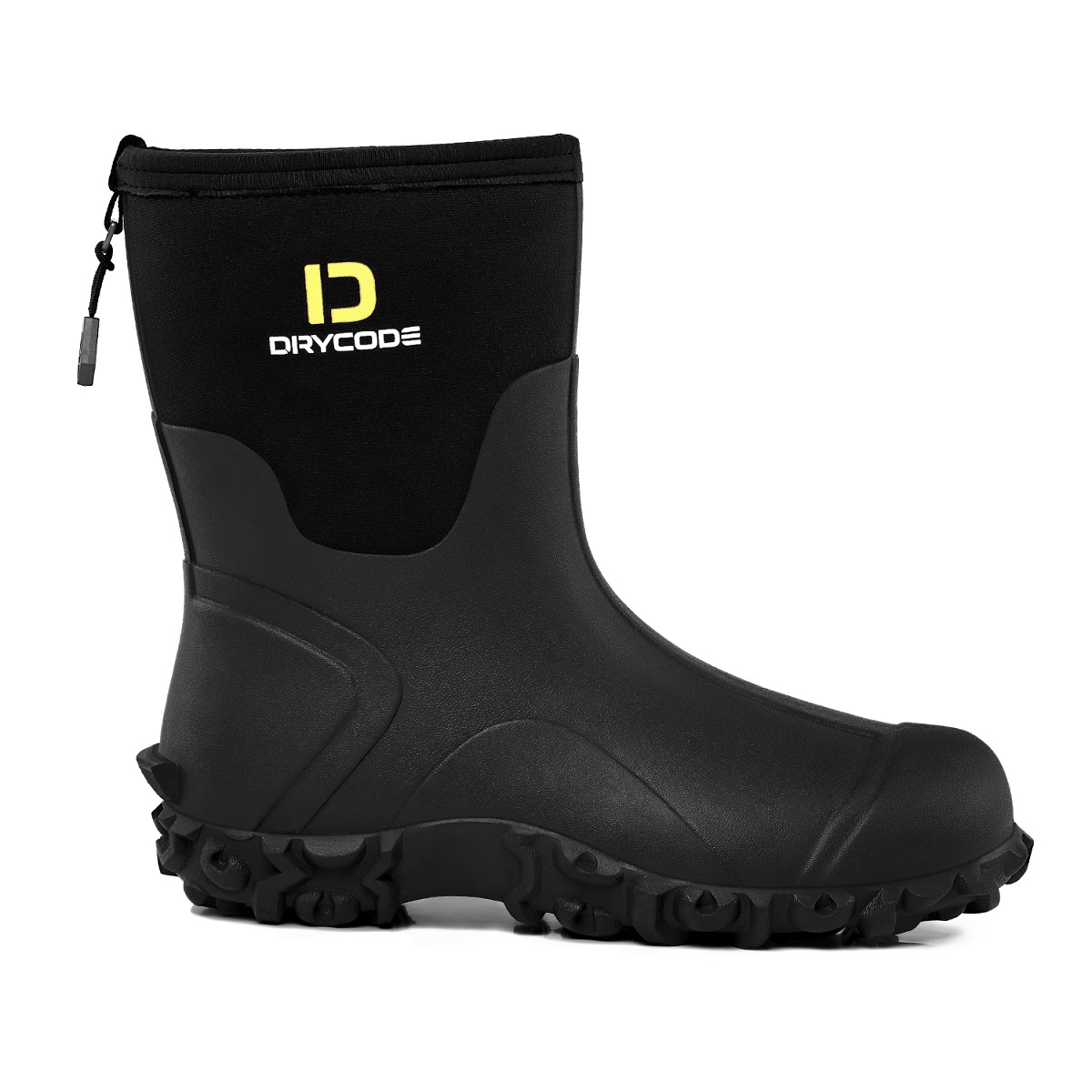 DRYCODE Waterproof Rubber Boots for Men (Black) with Steel Shank, Mid Calf Rain Boots