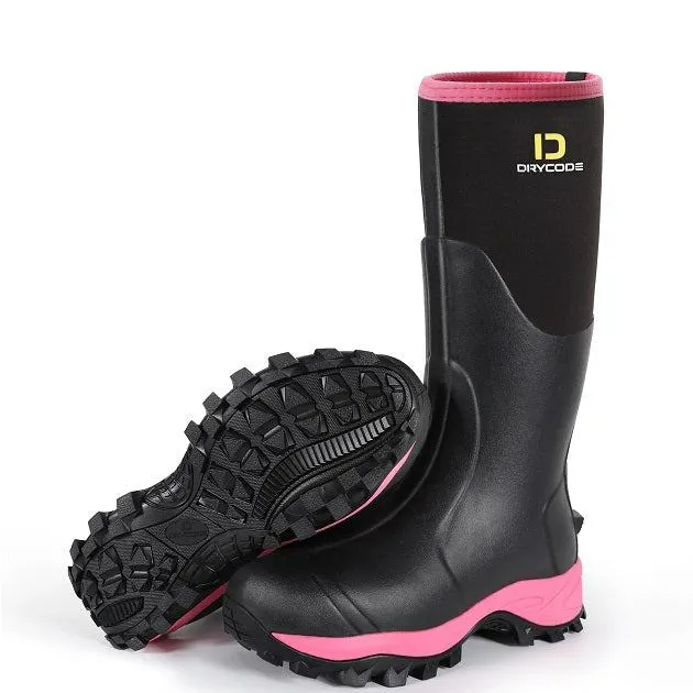 DRYCODE Tall Rubber Boots (Pink) with Steel Shank, 6mm Neoprene Women Rain Boots