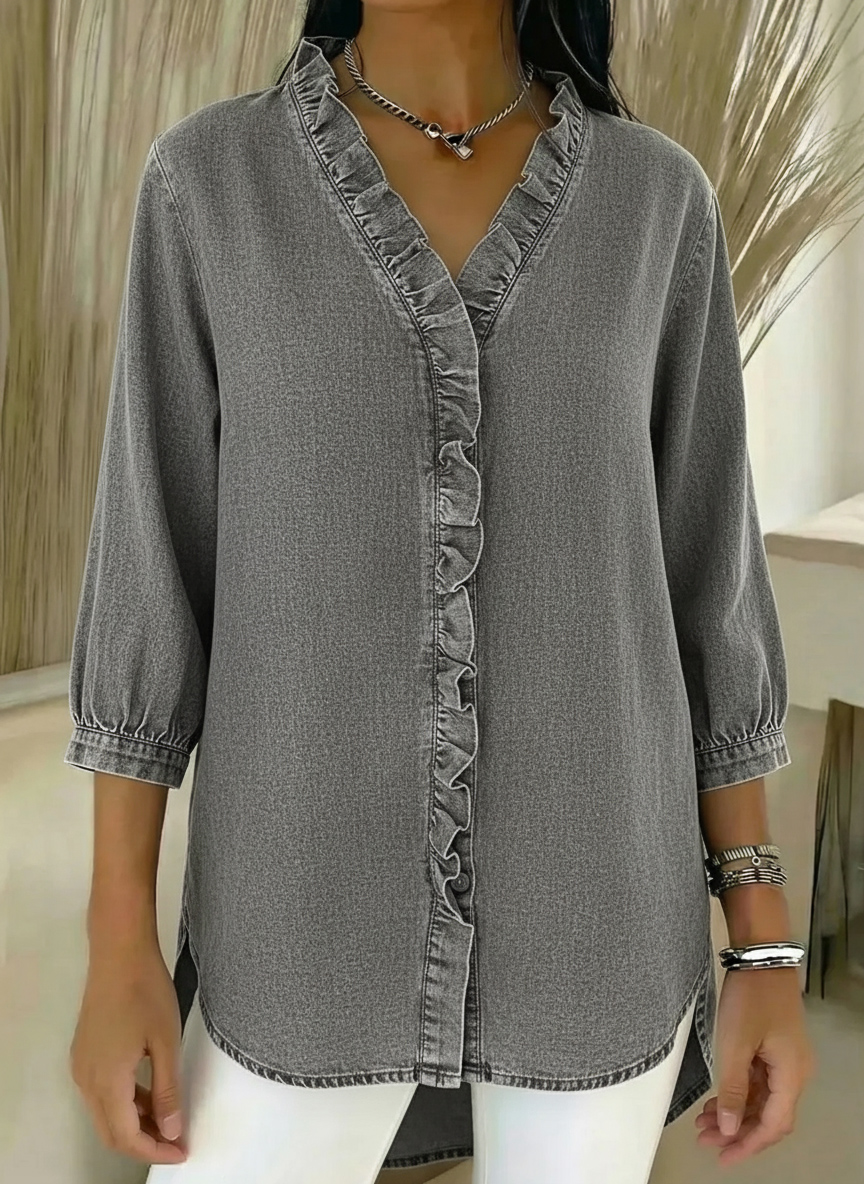 Damen Lässige Bluse mit V-Ausschnitt und Rüschen
