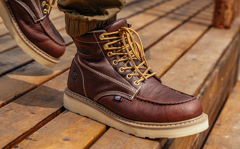 Wedge Boots SUREWAY 6in Wedge Moc Toe Work Boots For Men Soft