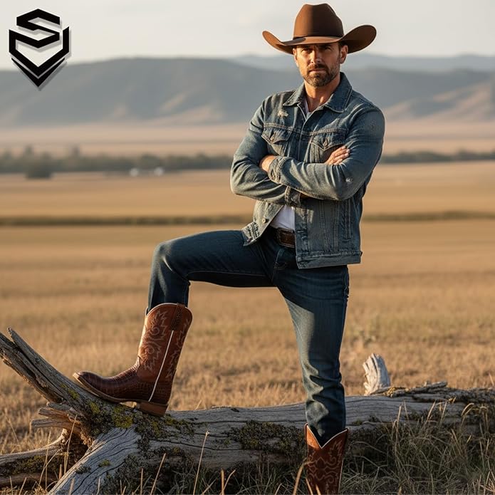 Sureway Men's Western Cowboy Boots Square Toe work boots 