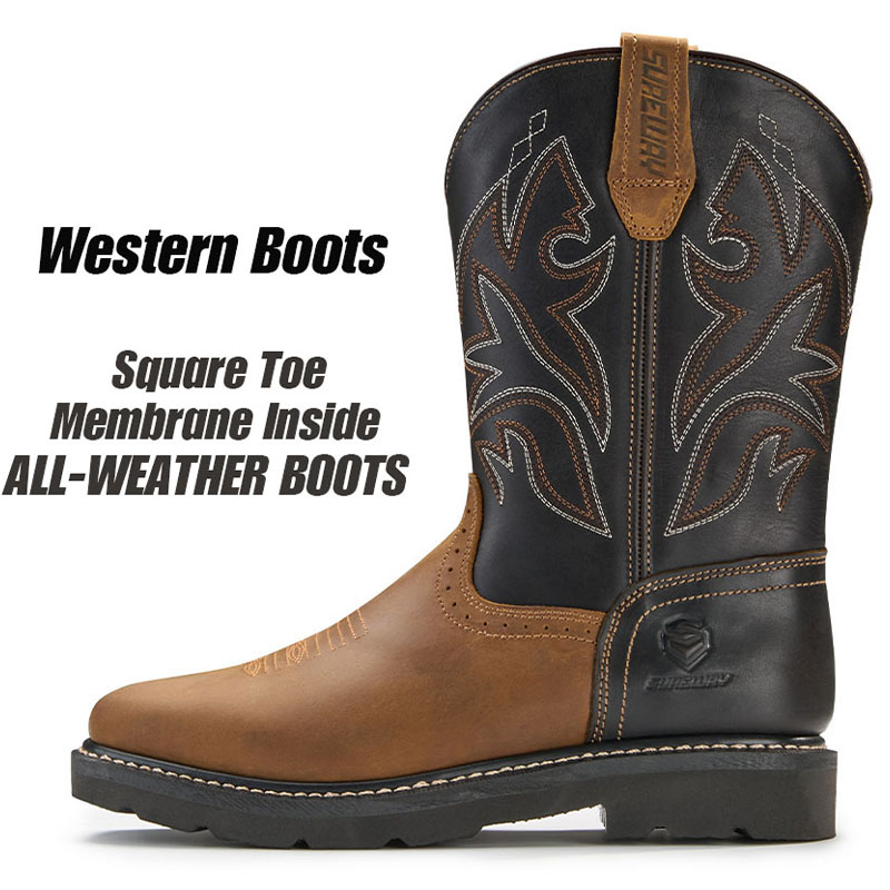 SUREWAY Cowboy Boots  Men’s Square Toe Work Boot Pull On Leather Wellington Boots