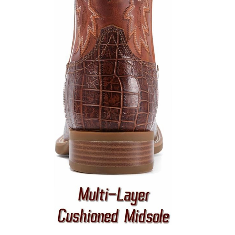 Sureway Men's Western Cowboy Boots Square Toe work boots, Tan Caiman Belly  10.5