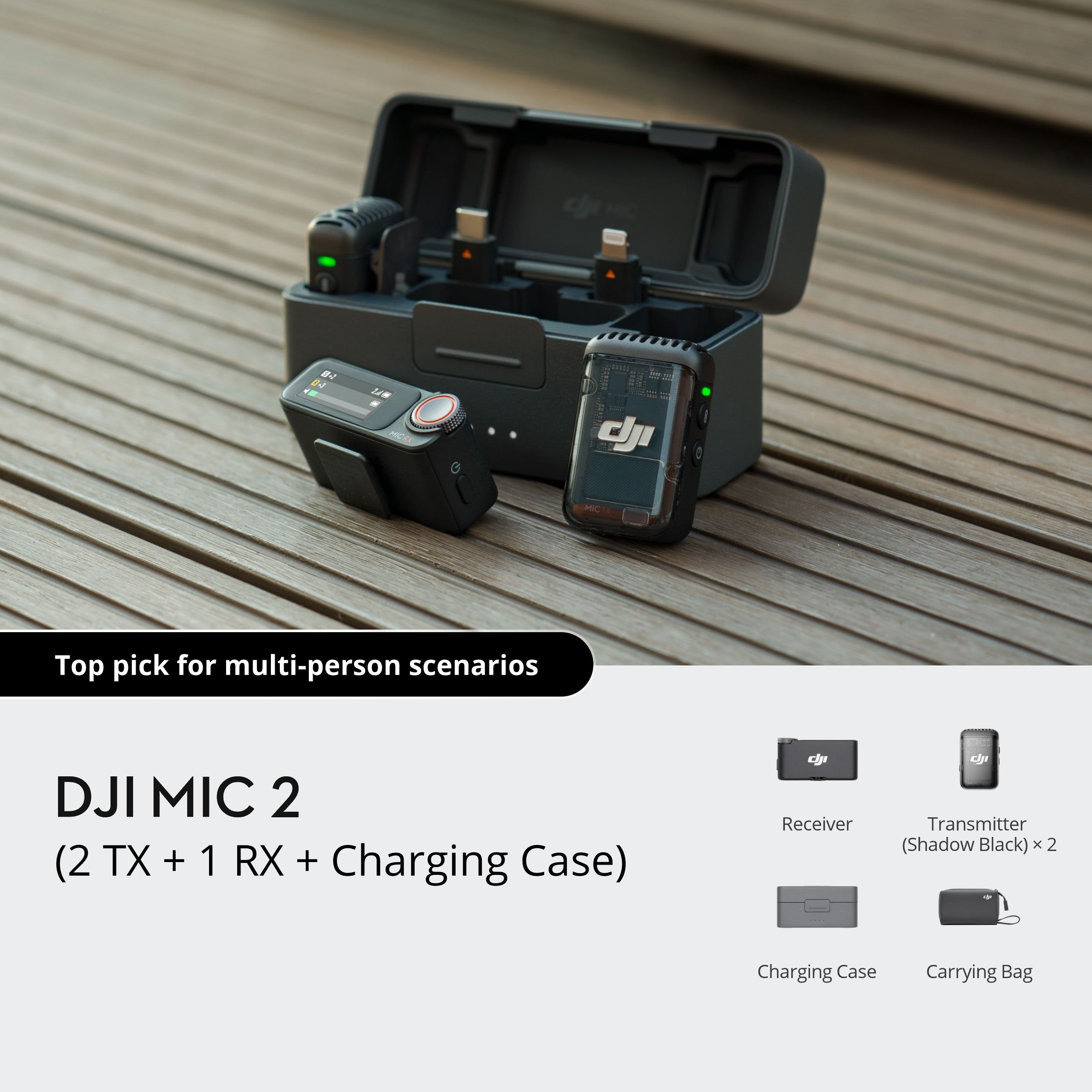 DJI Mic 2 Kit - 2 Transmitters, 1 Receiver + Charging Case