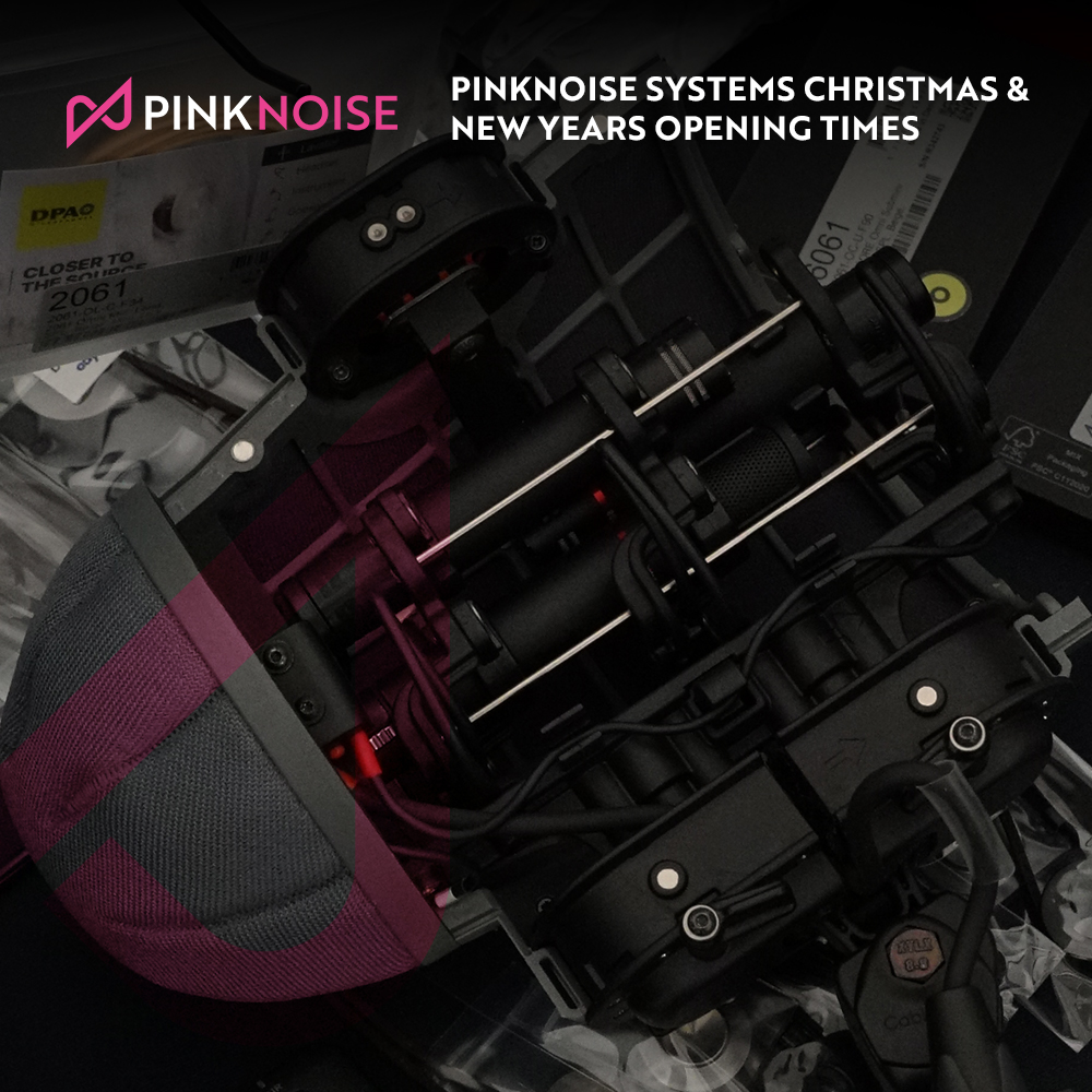 Pinknoise Systems Christmas New Year's Opening Times with pinknoise Logo and an array of equipment 