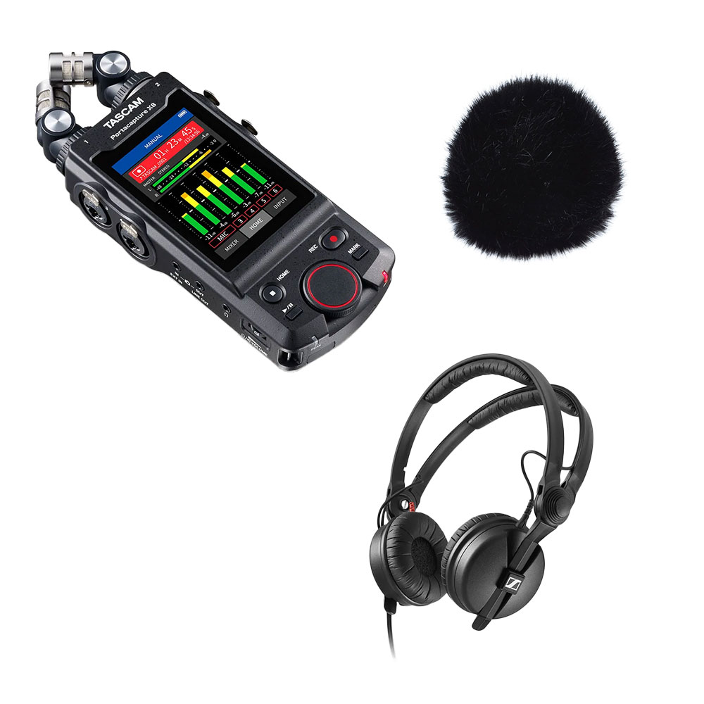 Tascam Portacapture X8 Multi-Track Recorder with Bubblebee The Windkiller and Sennheiser HD-25 On-Ear Headphones