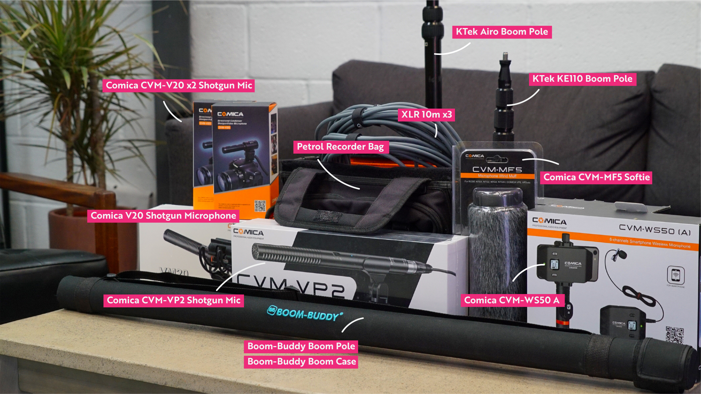 Location sound equipment on a table with white text and a pink background next to arrows highlighting certain products. 