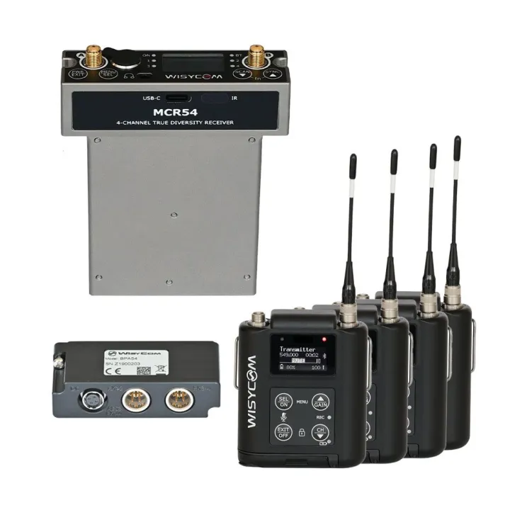Wisycom MCR54 w/ 4 x MTP60 Transmitters & BPA54 Bottom Plate Quad Kit