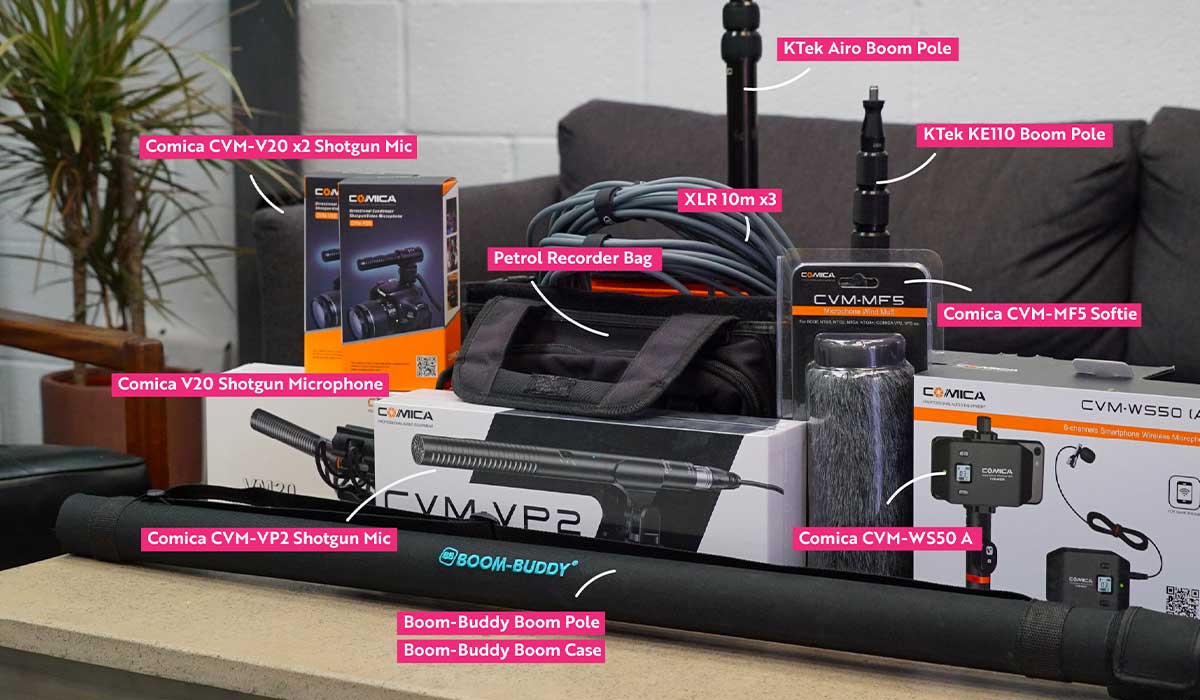 Location sound equipment on a table with white text and a pink background next to arrows highlighting certain products.
