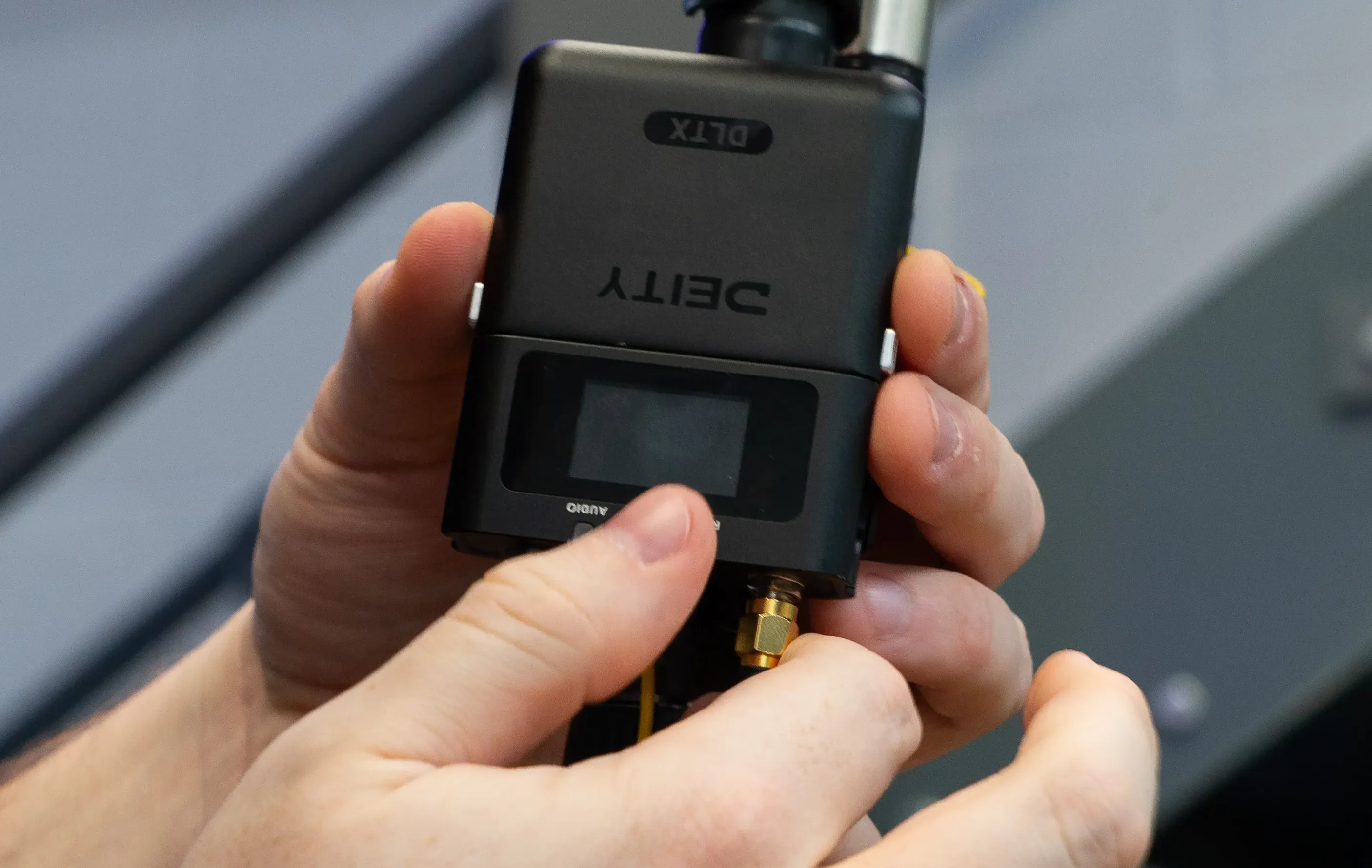 Deity DLTX Transmitter on a boompole