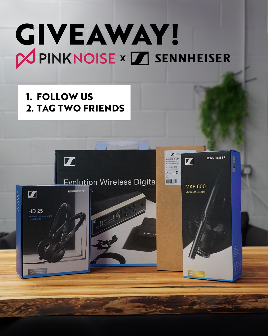Sennheiser prizes on table. first prize Sennheiser Evolution Wireless Digital Set + HD-25 headphones, Second prize Sennheiser MKH416 Microphone, third prize Sennheiser MKE 600 Microphone