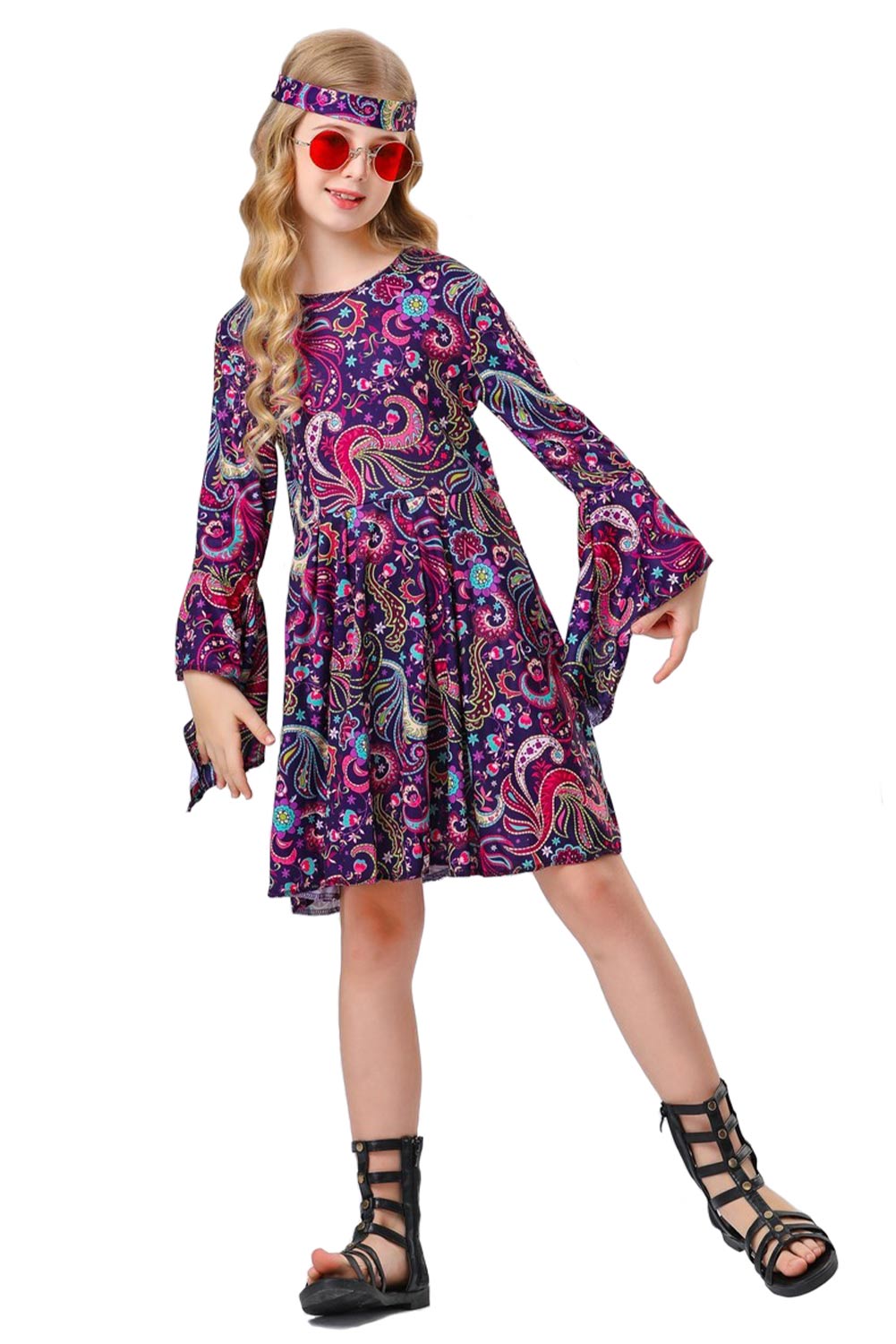 70S Hip Hop Kids Girls 2 Piece Purple Set Outfits Halloween Party Suit