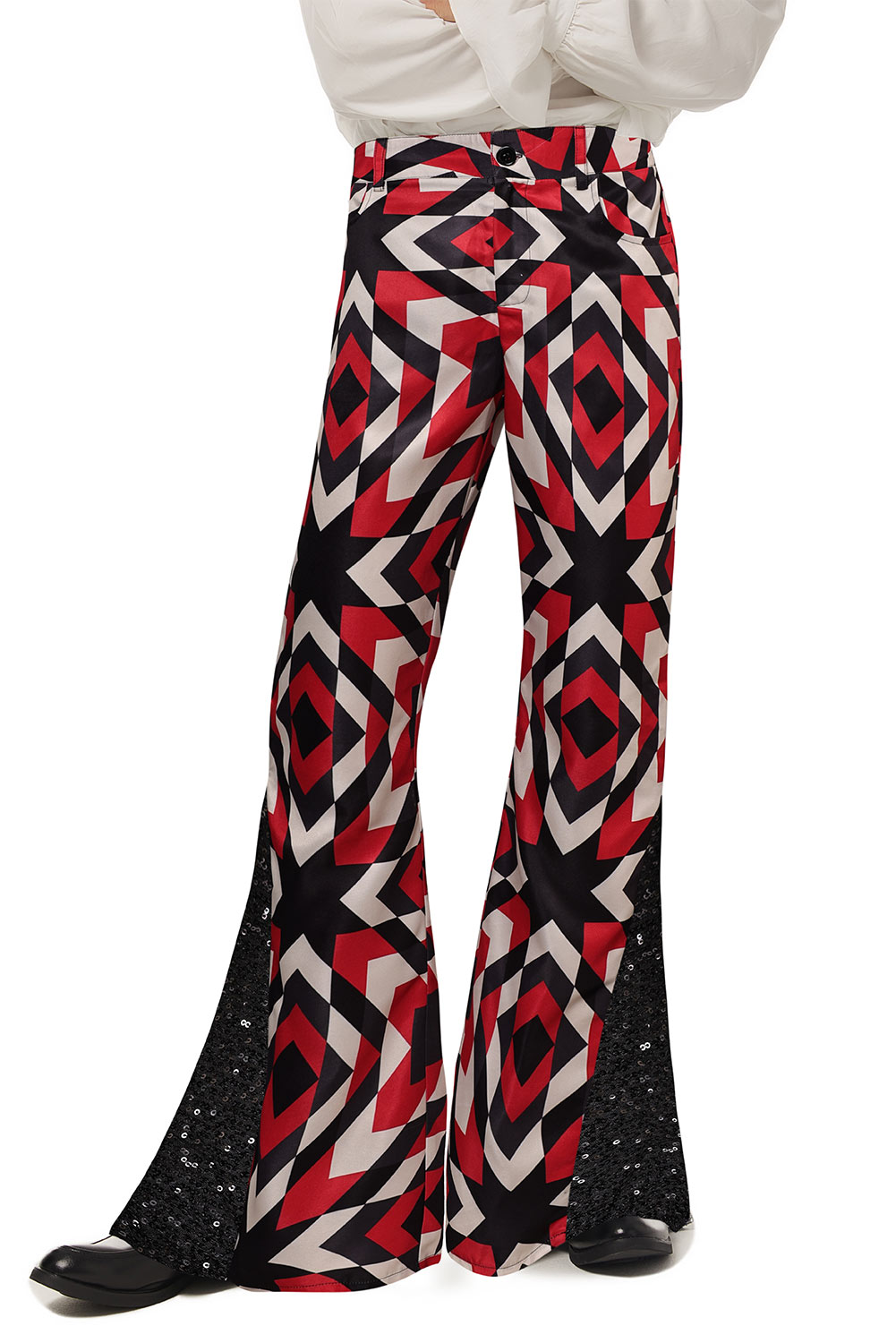 70S Men Disco Printed Sequin Flared Pants Outfits Halloween Party Suit