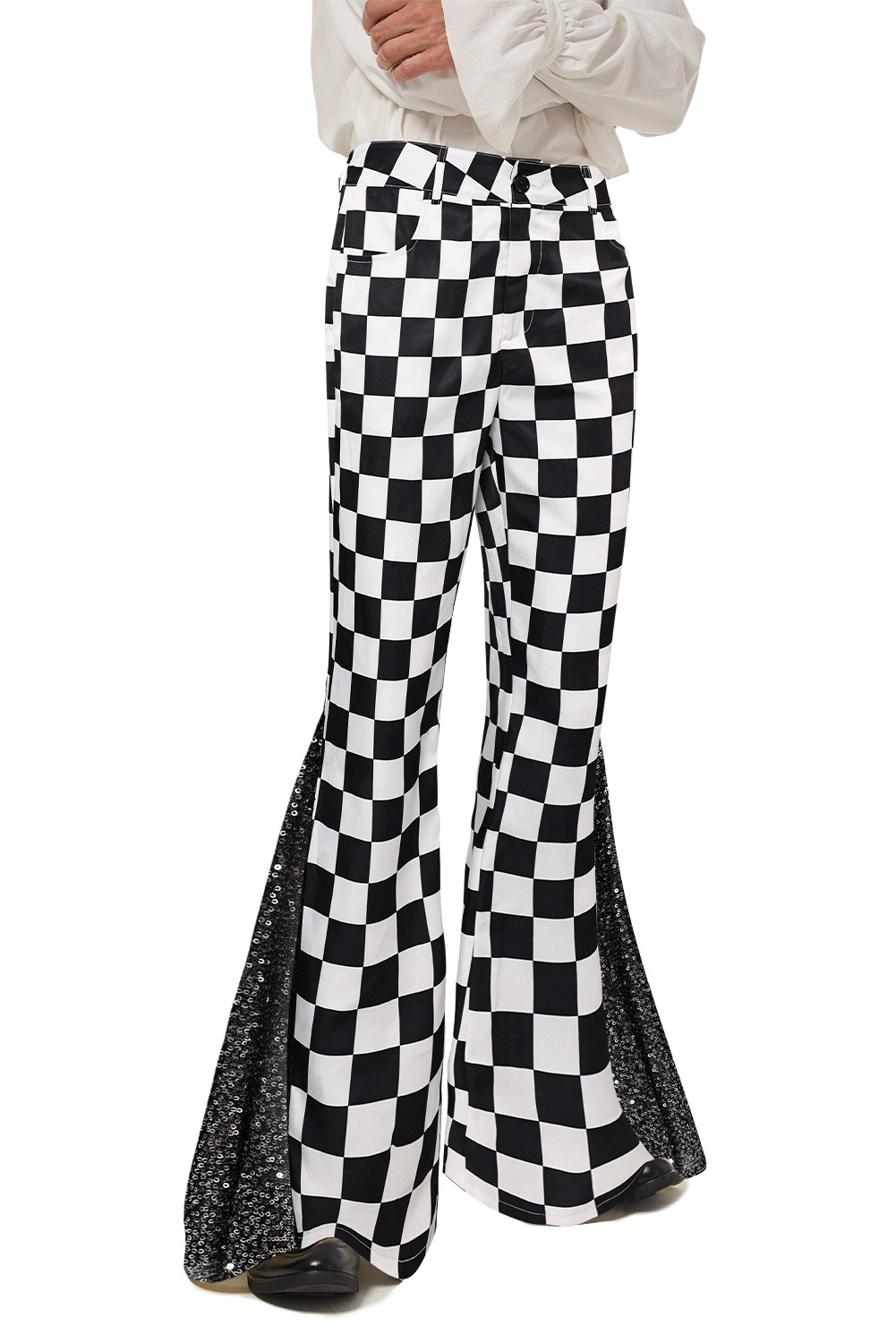 70S Men's Checkerboard Sequin Flared Pants For Disco Halloween Party