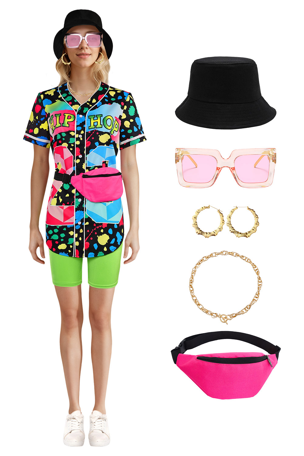 80S Hip Hop Women Baseball Shirt 7-Piece Set Halloween Party Costume