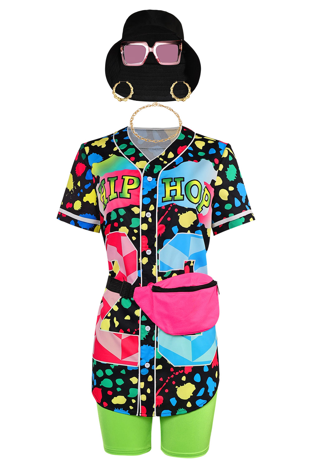 80S Hip Hop Women Baseball Shirt 7-Piece Set Halloween Party Costume