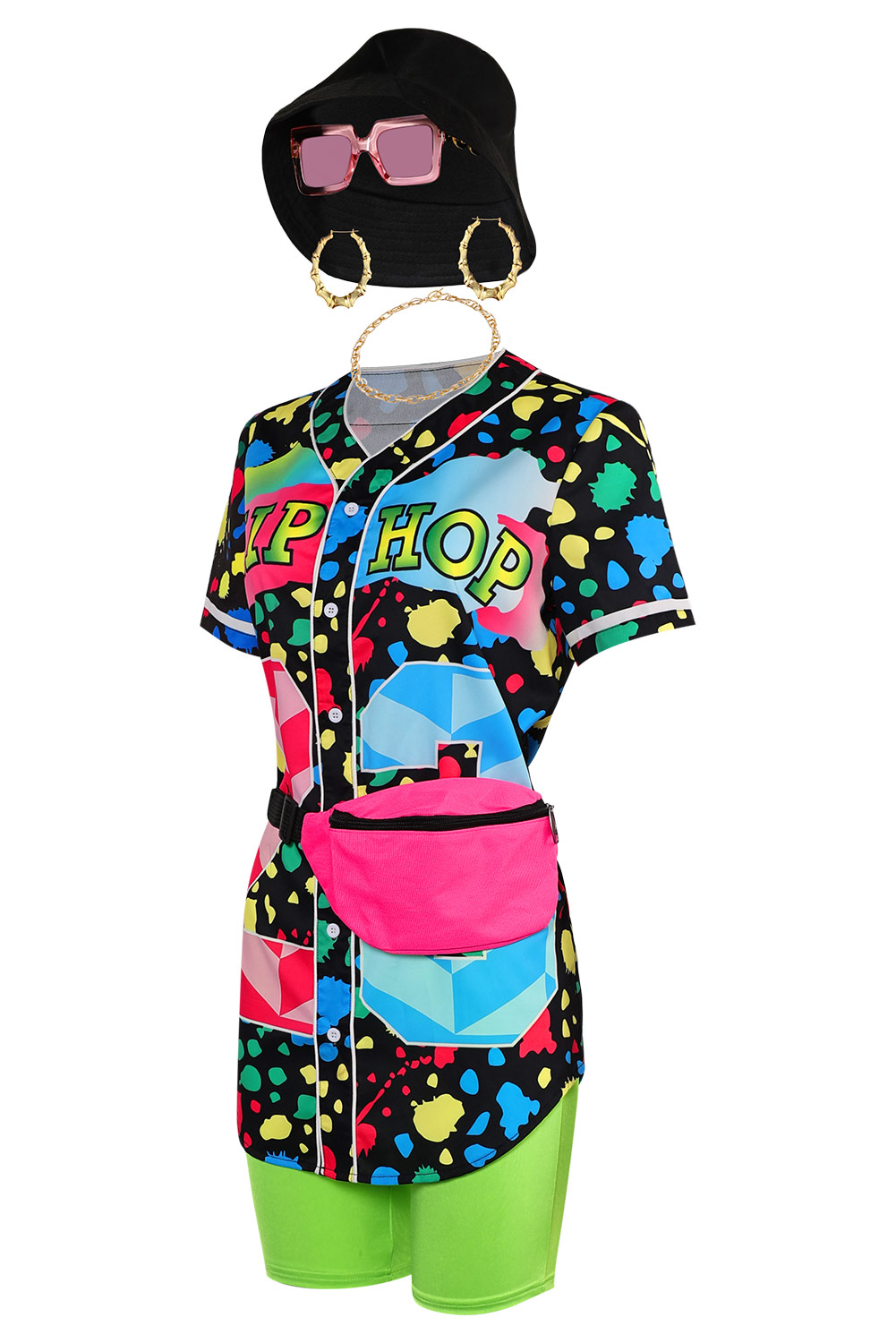 80S Hip Hop Women Baseball Shirt 7-Piece Set Halloween Party Costume