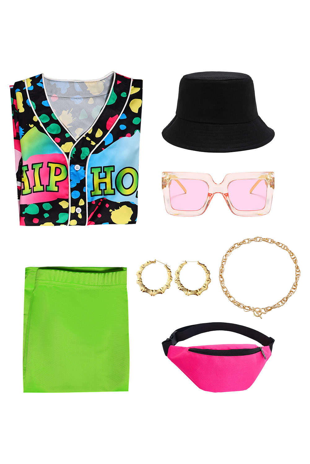 80S Hip Hop Women Baseball Shirt 7-Piece Set Halloween Party Costume