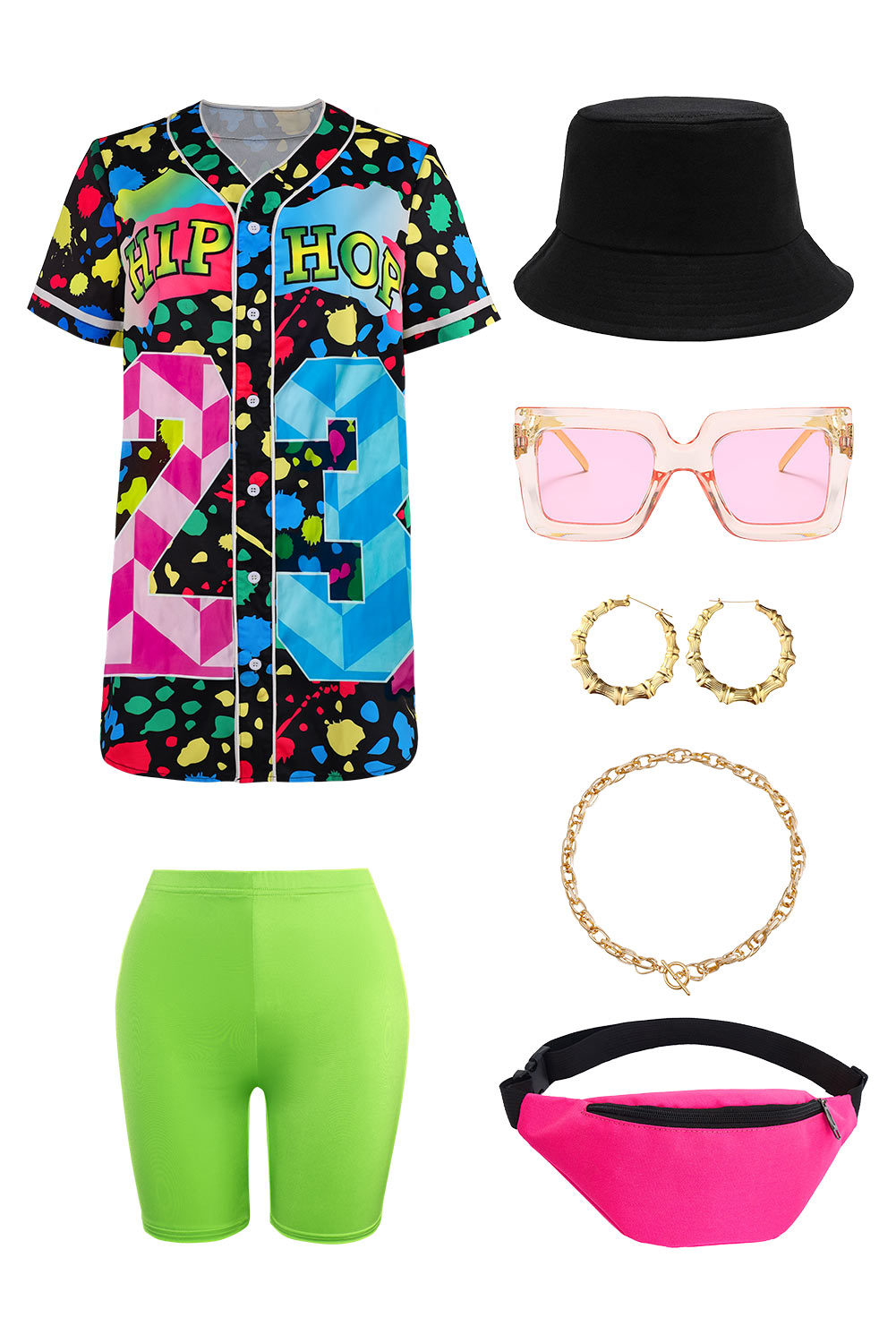 80S Hip Hop Women Baseball Shirt 7-Piece Set Halloween Party Costume