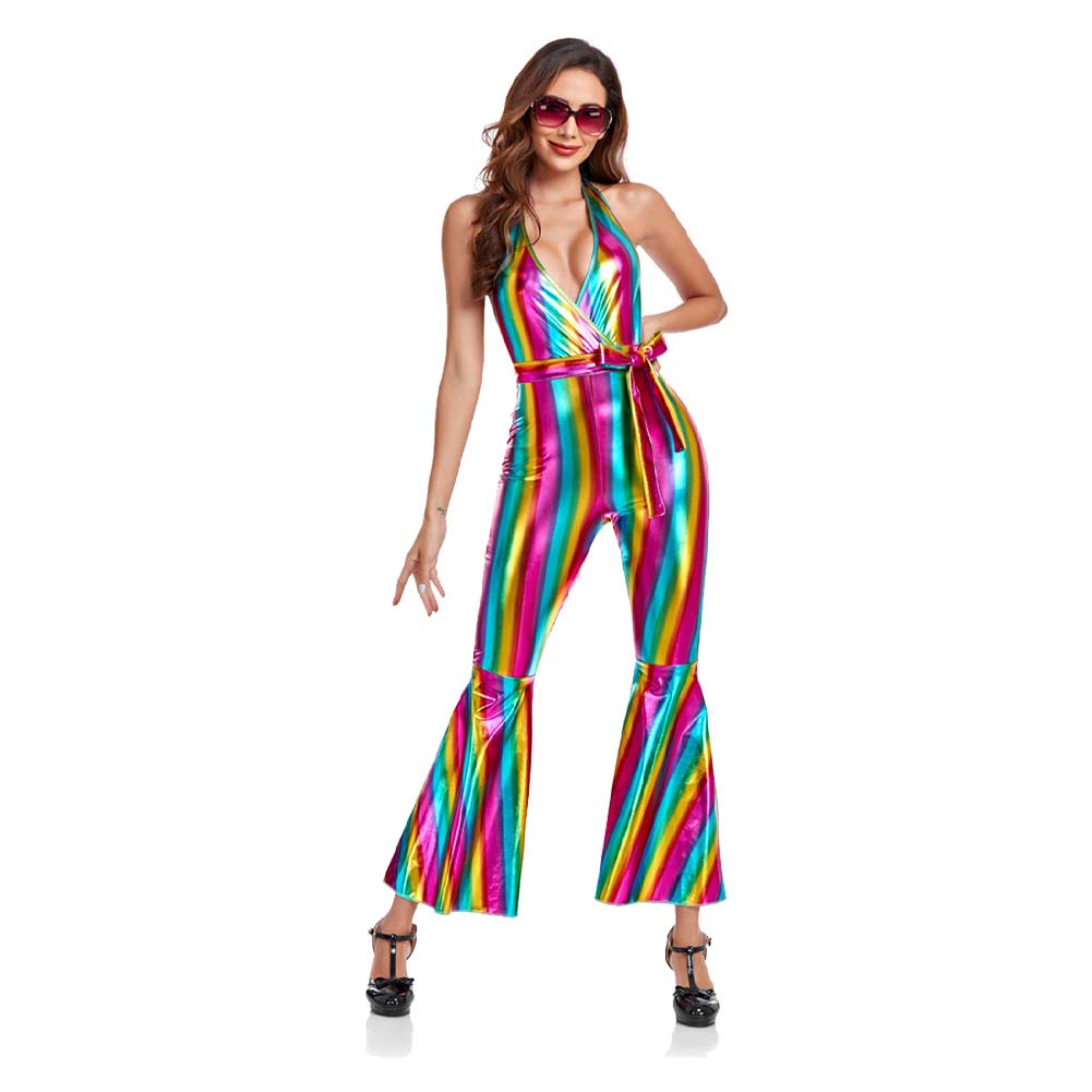 Retro 70s Women Hip-Hop Disco Halter Neck Outfits Halloween Carnival Suit