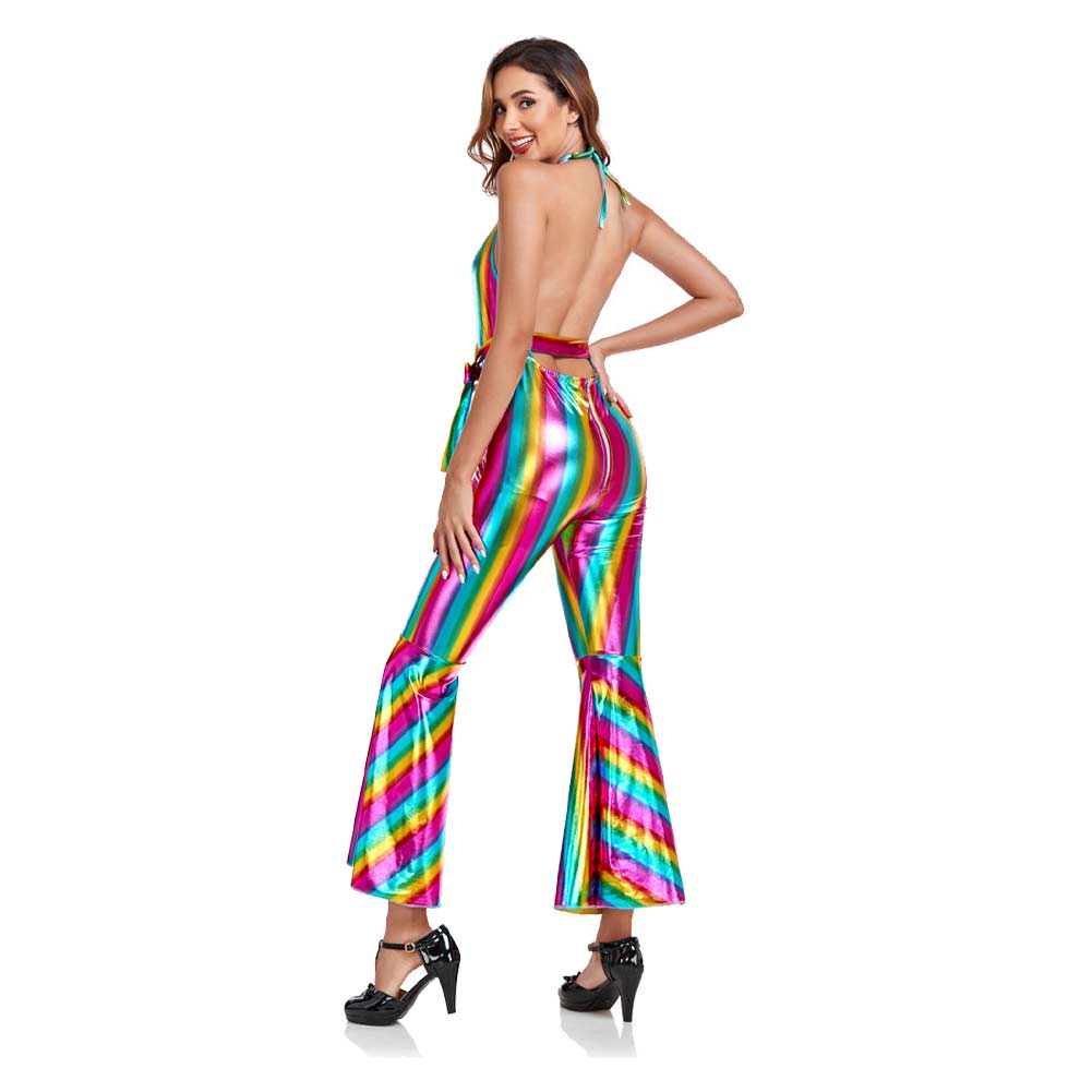 Retro 70s Women Hip-Hop Disco Halter Neck Outfits Halloween Carnival Suit