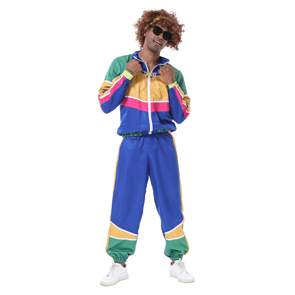Retro Hip-Hop Disco Men Blue Sportswear Outfits Halloween Carnival Suit