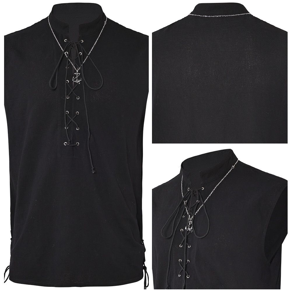 Retro Medieval Men' Sleeveless Black Priate Shirt Outfits Halloween Party Suit