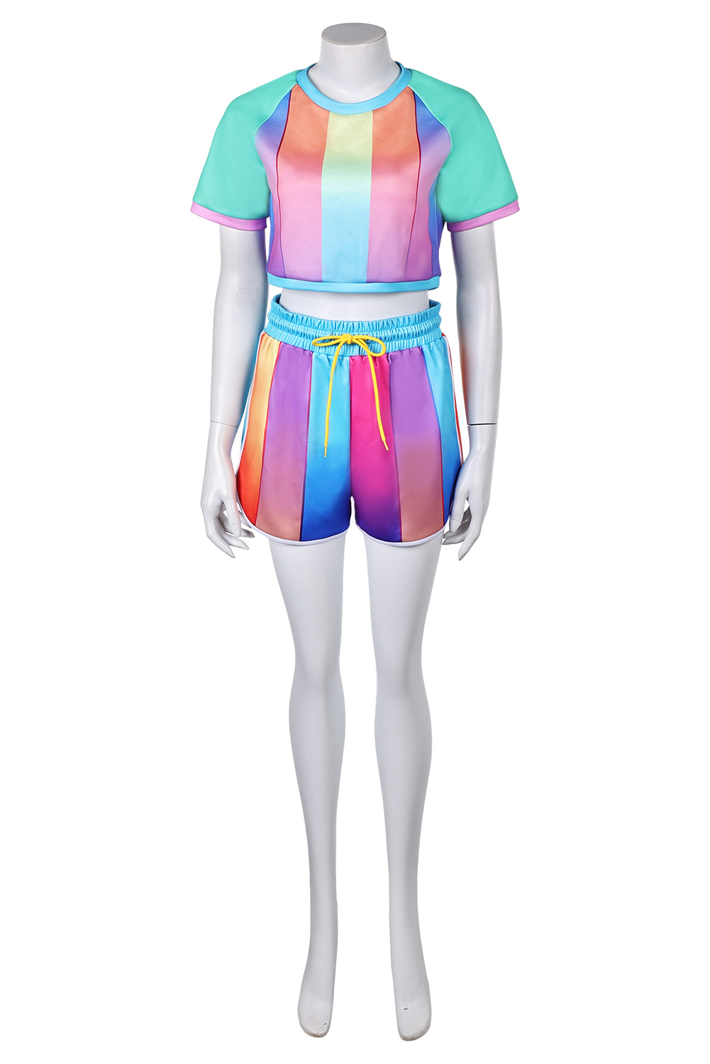 Retro Women Rainbow Striped Shorts Sportswear 2 Piece Set Outfits Halloween Party Suit