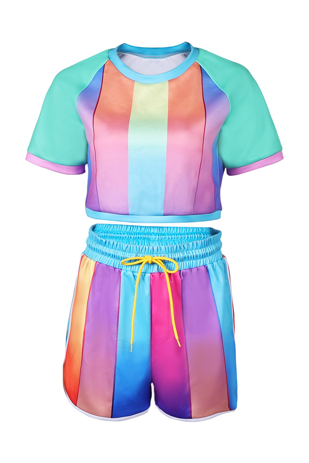 Retro Women Rainbow Striped Shorts Sportswear 2 Piece Set Outfits Halloween Party Suit
