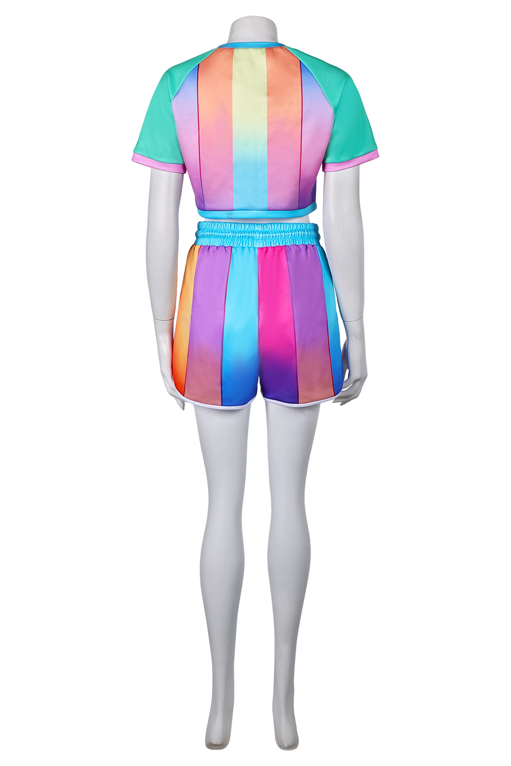 Retro Women Rainbow Striped Shorts Sportswear 2 Piece Set Outfits Halloween Party Suit