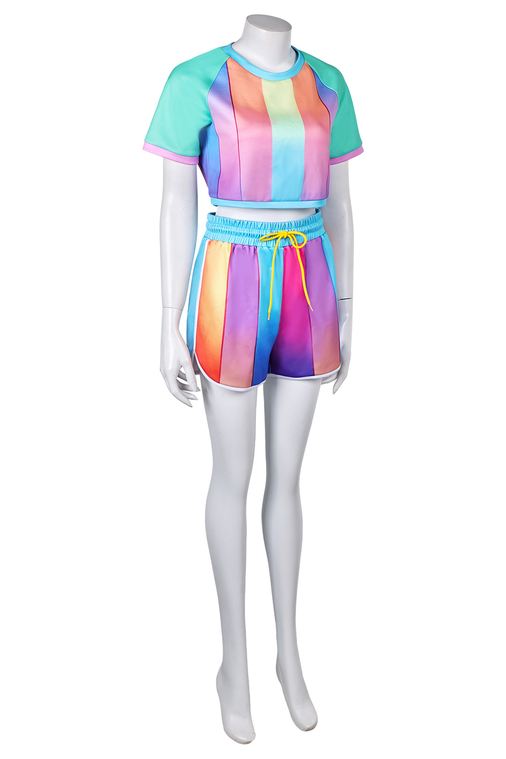 Retro Women Rainbow Striped Shorts Sportswear 2 Piece Set Outfits Halloween Party Suit