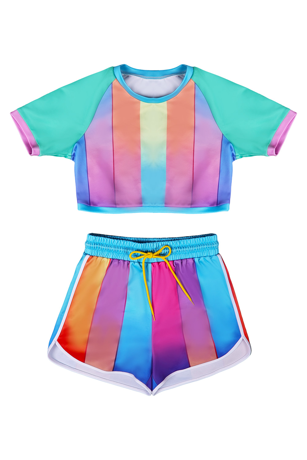 Retro Women Rainbow Striped Shorts Sportswear 2 Piece Set Outfits Halloween Party Suit