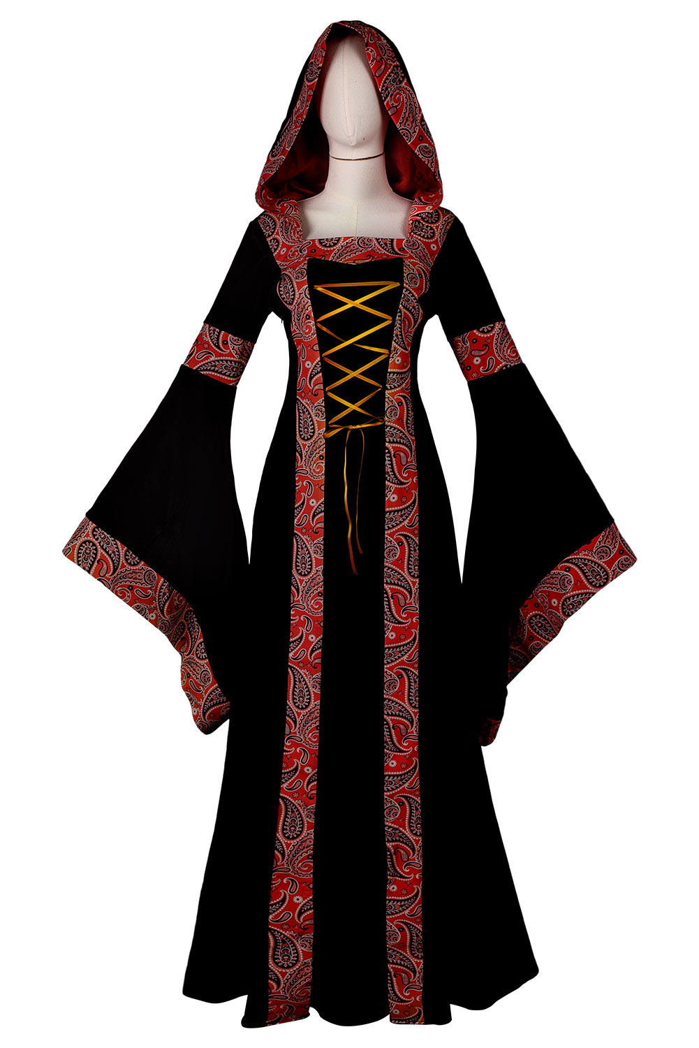 Women Cashew Floral Printed Hooded Dress Renaissance Outfits Halloween Carnival Suit