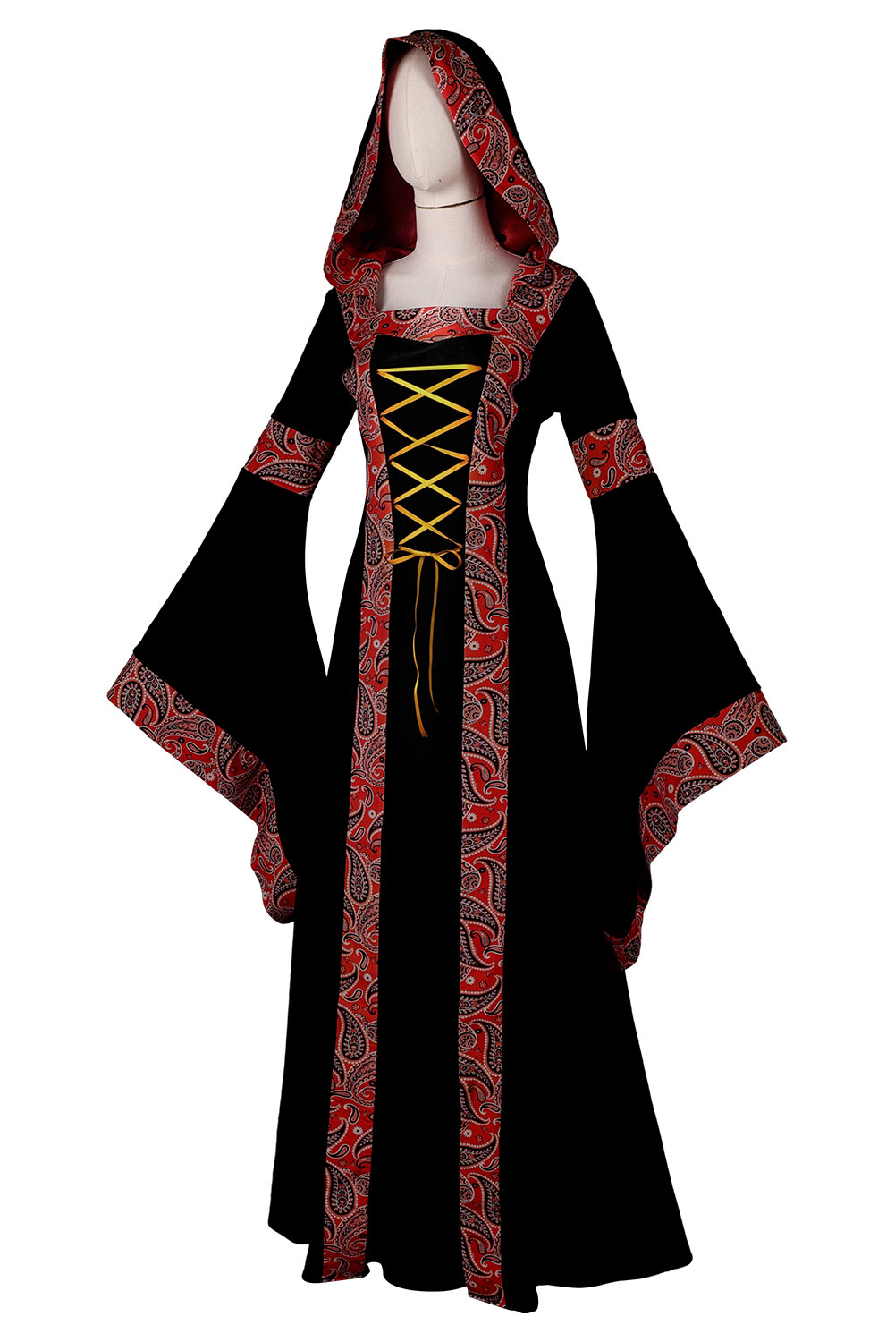 Women Cashew Floral Printed Hooded Dress Renaissance Outfits Halloween Carnival Suit