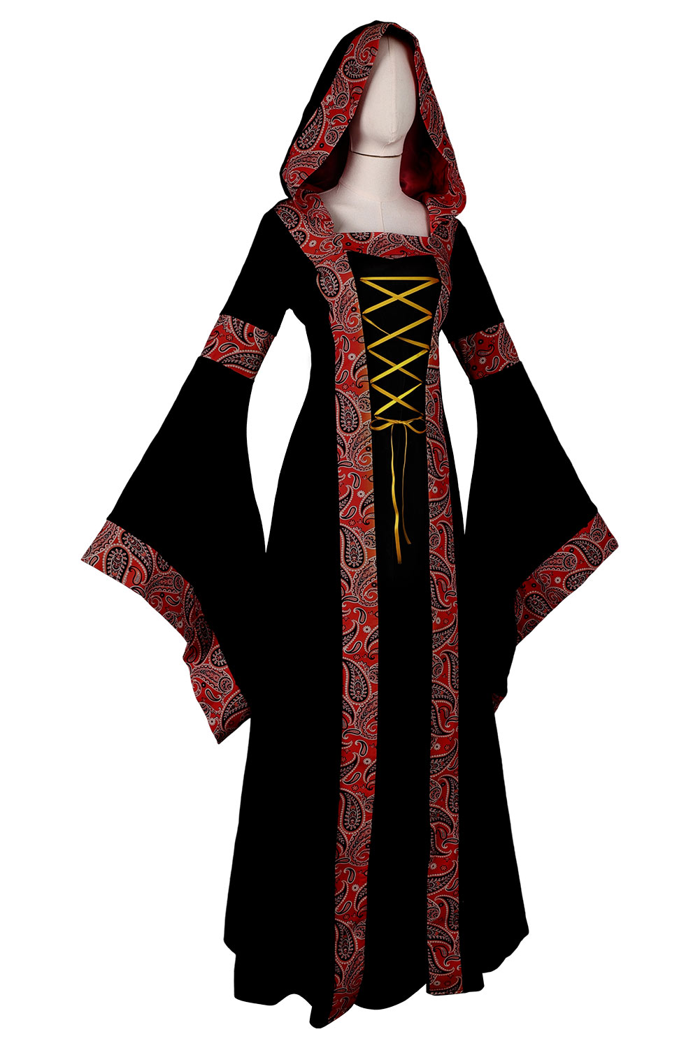 Women Cashew Floral Printed Hooded Dress Renaissance Outfits Halloween Carnival Suit