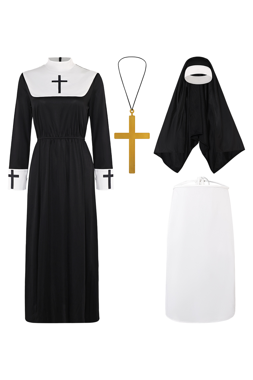 Women Nun Cosplay Medieval Robe 4 Pieces Set Halloween Church Suit