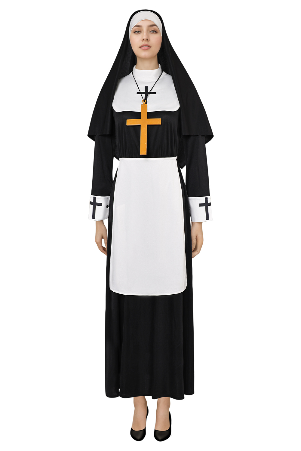 Women Nun Cosplay Medieval Robe 4 Pieces Set Halloween Church Suit
