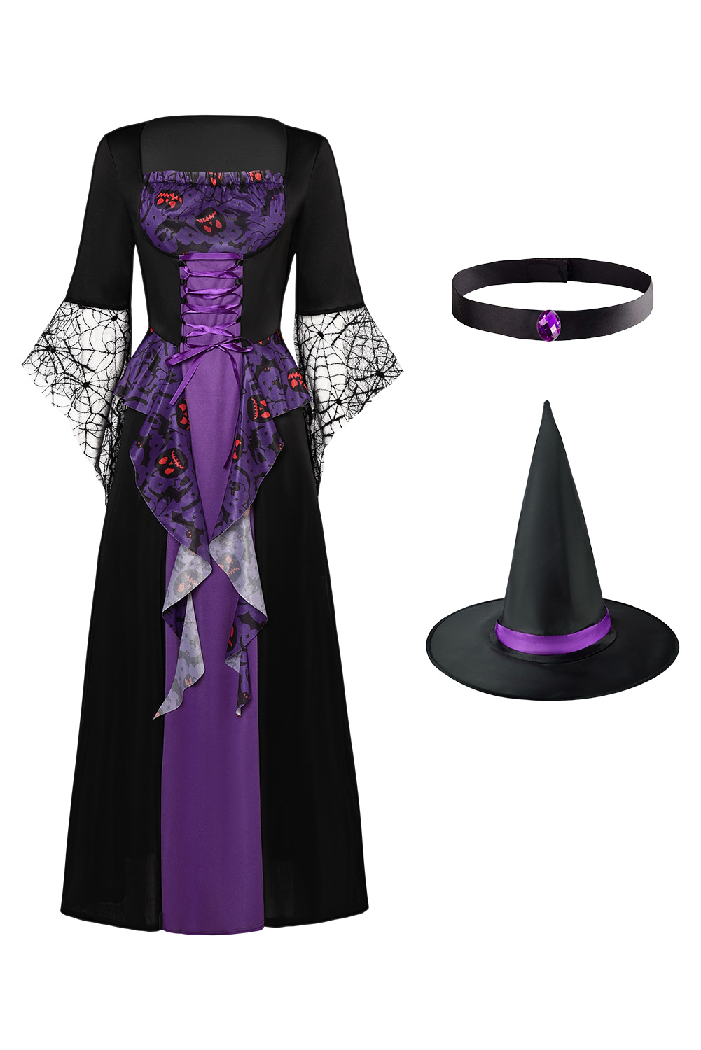 Women Purple Witch Medieval Dress 3 Pieces Set Outfits Halloween Carnival Suit