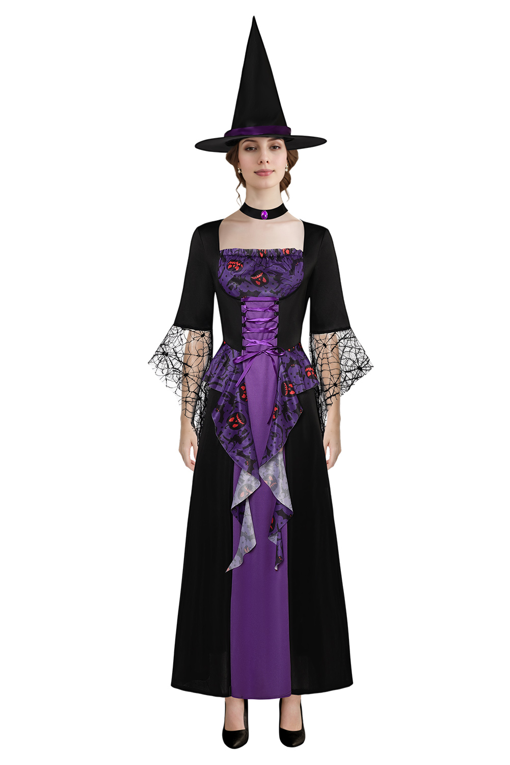 Women Purple Witch Medieval Dress 3 Pieces Set Outfits Halloween Carnival Suit