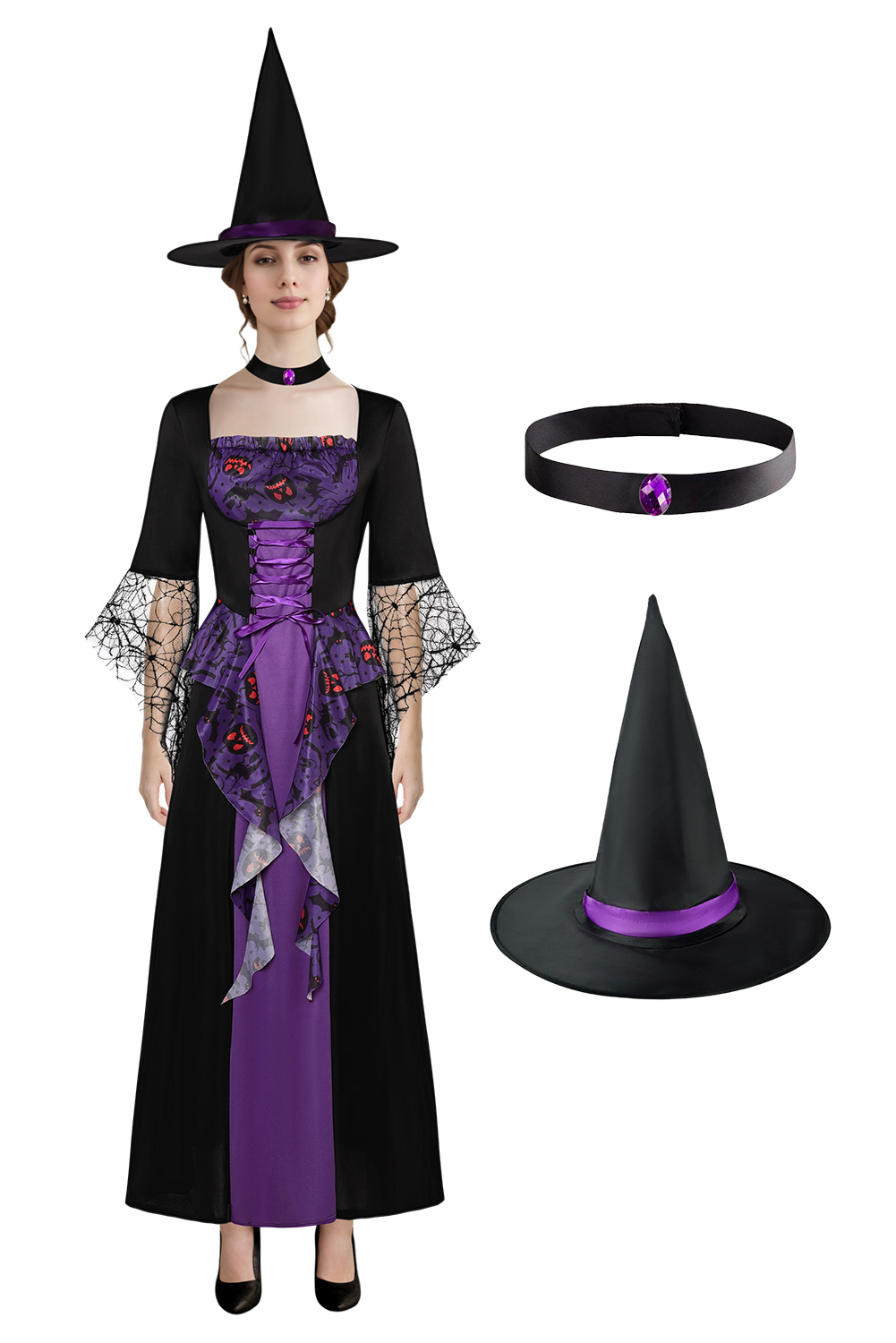 Women Purple Witch Medieval Dress 3 Pieces Set Outfits Halloween Carnival Suit