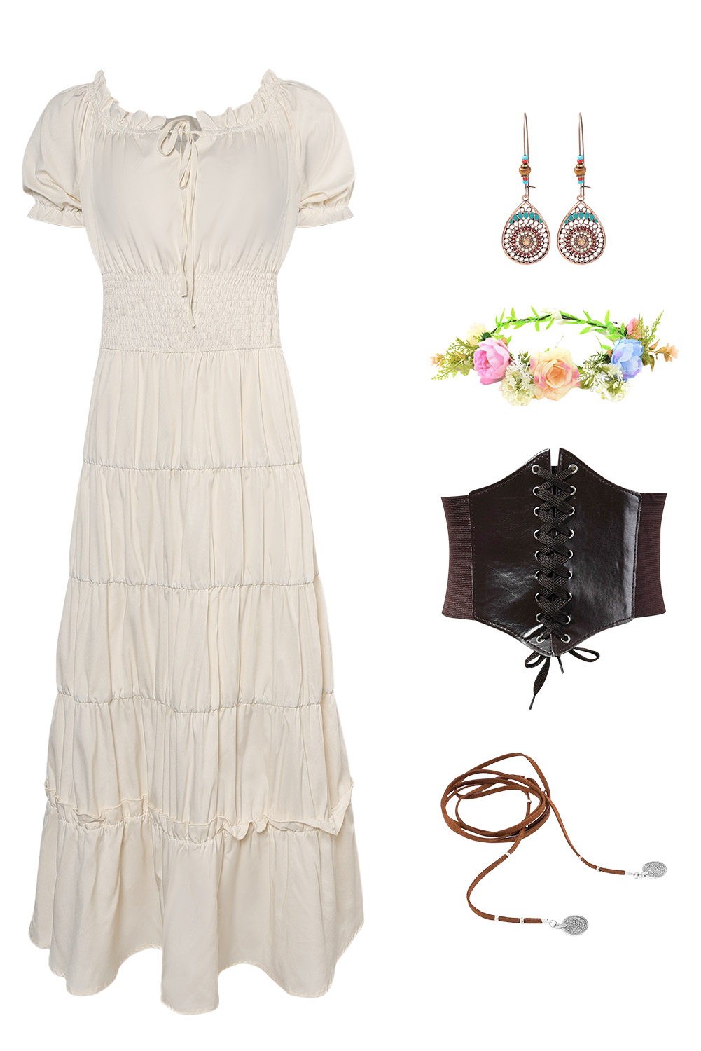 Women Renaissance Apricot Long Dress 5 Piece Set Outfits Halloween Carnival Suit