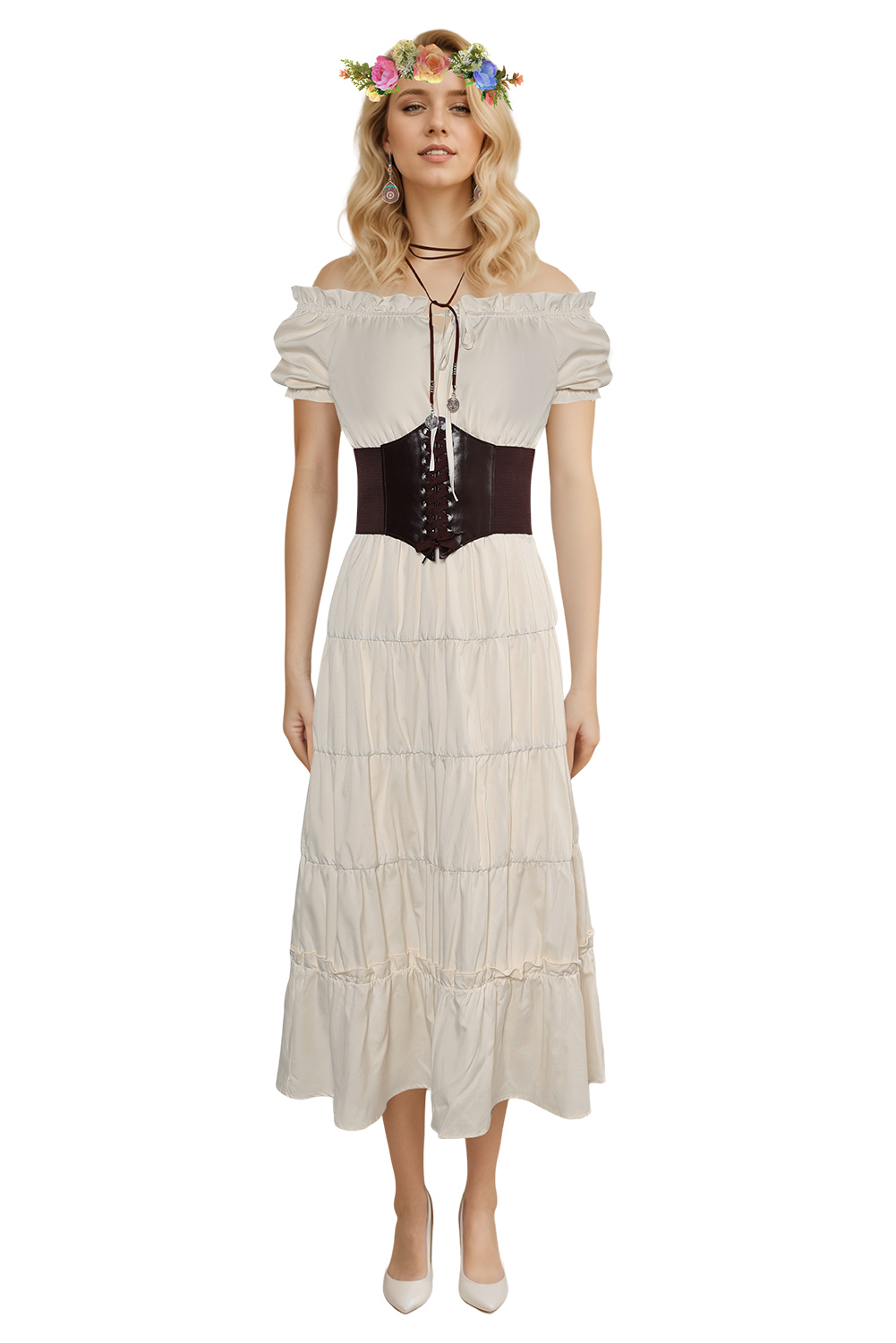 Women Renaissance Apricot Long Dress 5 Piece Set Outfits Halloween Carnival Suit