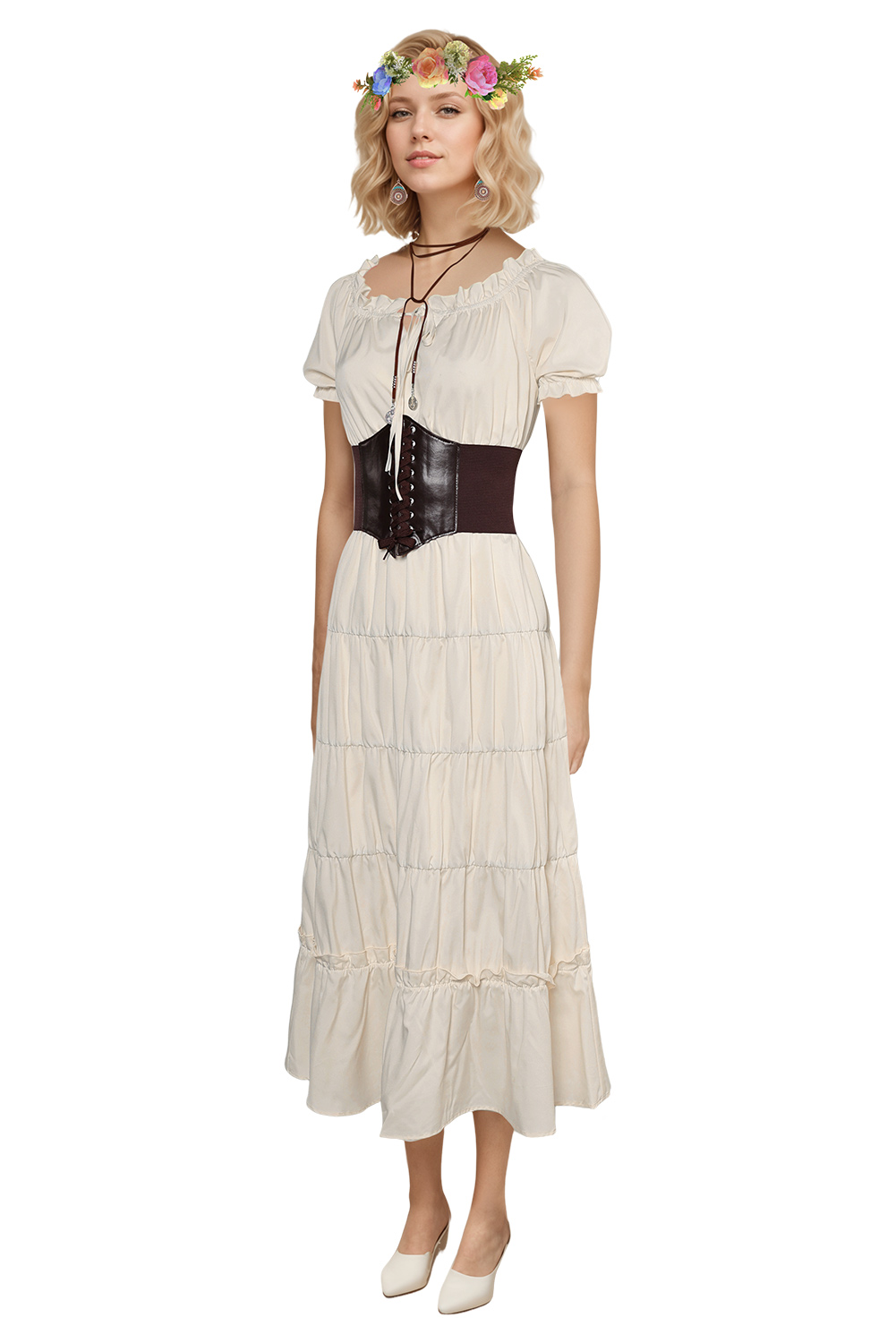 Women Renaissance Apricot Long Dress 5 Piece Set Outfits Halloween Carnival Suit