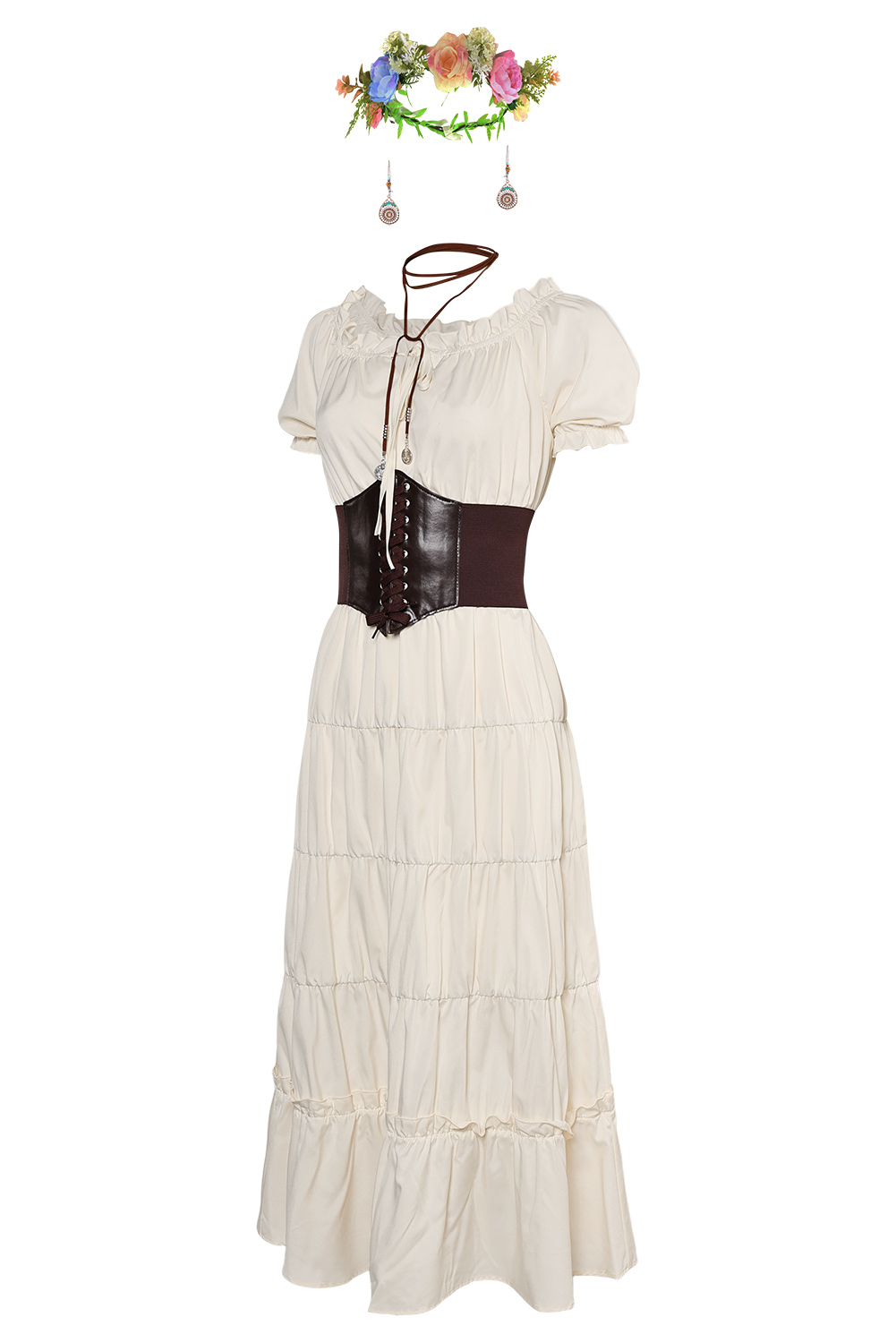 Women Renaissance Apricot Long Dress 5 Piece Set Outfits Halloween Carnival Suit
