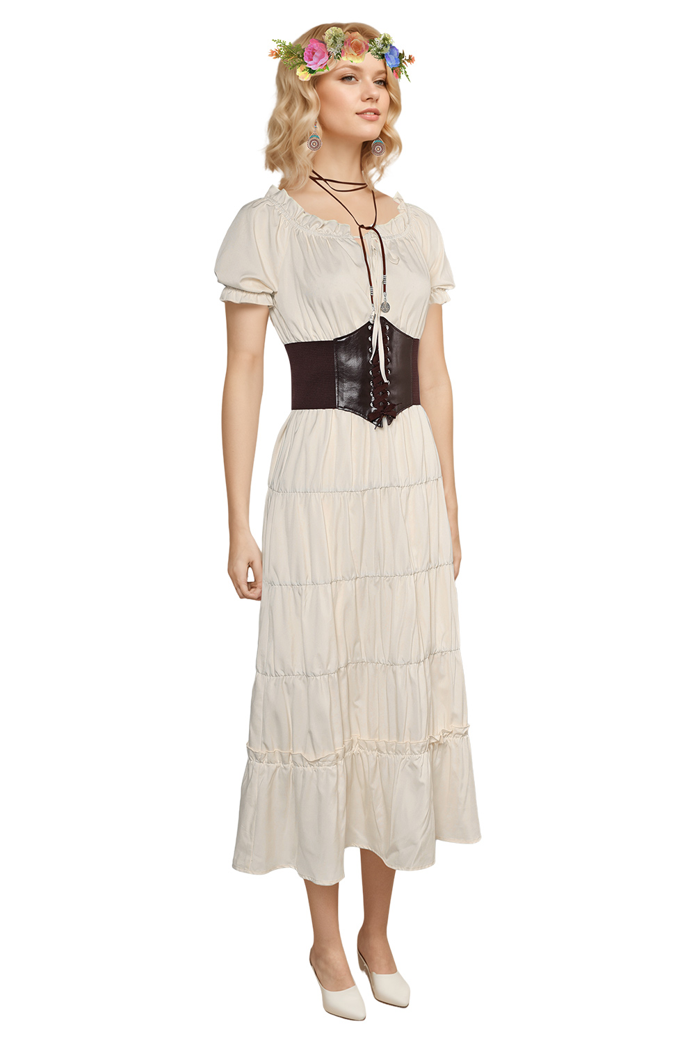 Women Renaissance Apricot Long Dress 5 Piece Set Outfits Halloween Carnival Suit