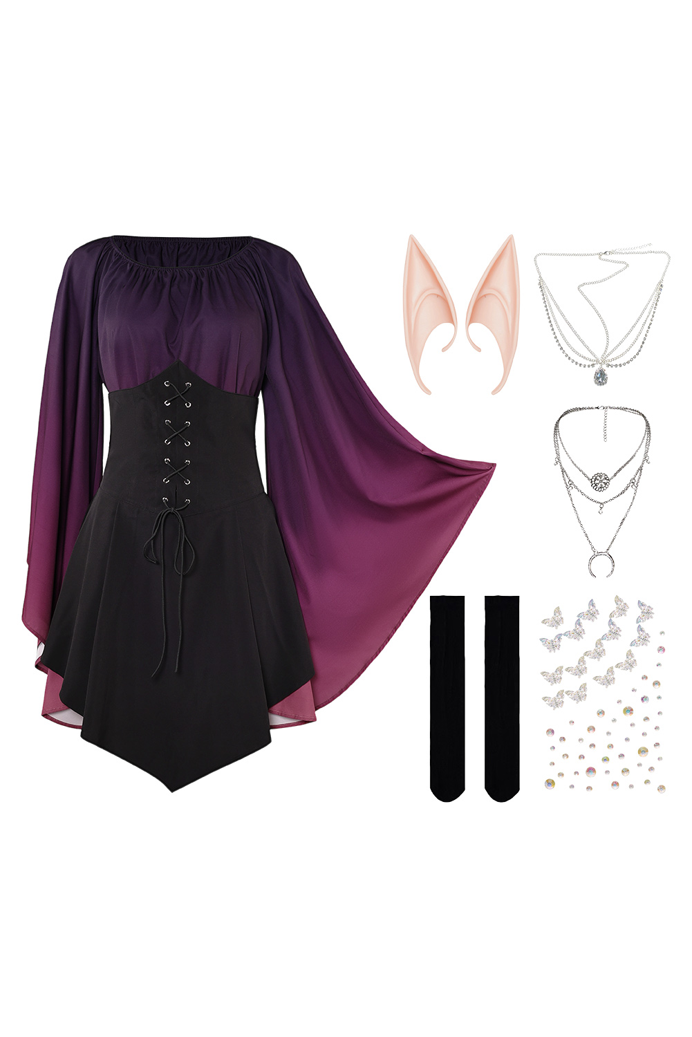 Women Renaissance Purple Gradient Elf Dress 7 Pieces Set Outfits Halloween Retro Suit